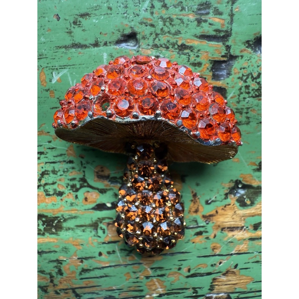 Vintage Rhinestone Mushroom‎ Brooch Orange Multi Gold-Tone READ